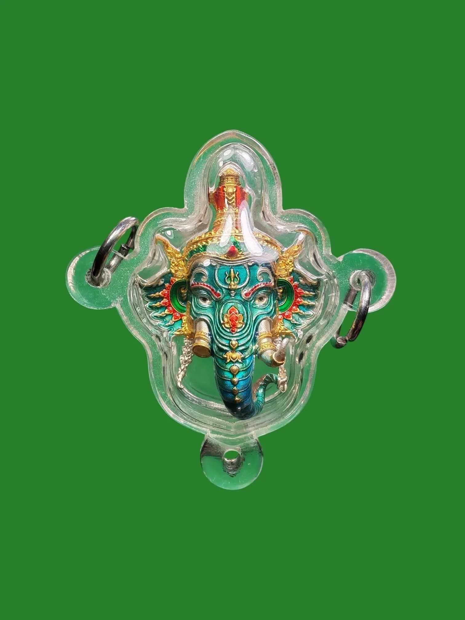 Ganesha Head Amulet Full Head Miracle Wealthy Edition Wat Suwannachedi B.E. 2563 Brass with Royal Blue Enamel Green Face