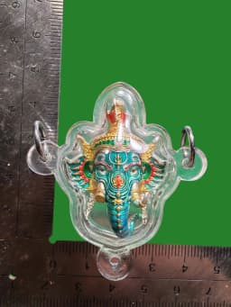 Ganesha Head Amulet Full Head Miracle Wealthy Edition Wat Suwannachedi B.E. 2563 Brass with Royal Blue Enamel Green Face — รูปที่ 3