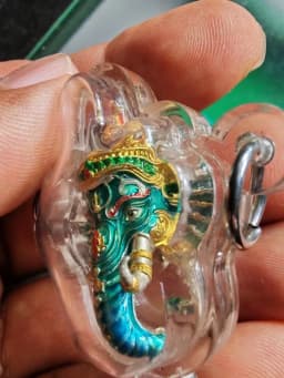 Ganesha Head Amulet Full Head Miracle Wealthy Edition Wat Suwannachedi B.E. 2563 Brass with Royal Blue Enamel Green Face — รูปที่ 5